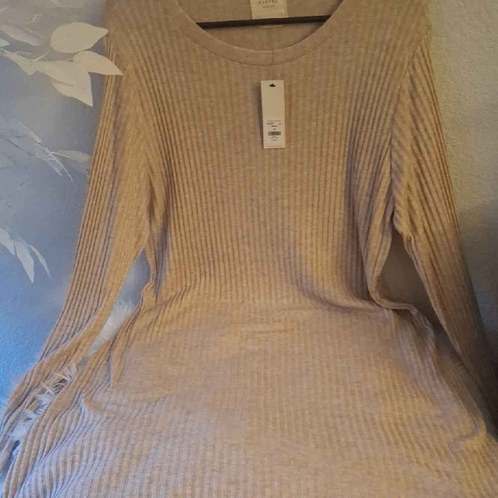 Ribbed Long Sleeve Beige Dress